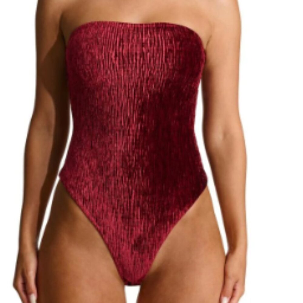 Naked Wardrobe Red Wine Textured Velvet Strapless Bodysuit Womens Small